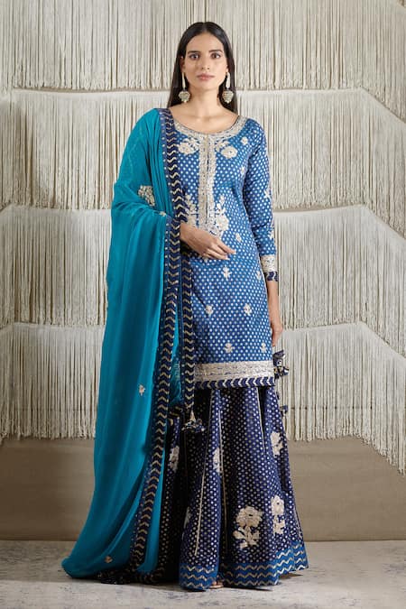 Buy_Shyam Narayan Prasad_Blue Chanderi, Georgette Floral, Gota Work Round Embroidered Kurta Lehenga Set _Online_at_Aza_Fashions