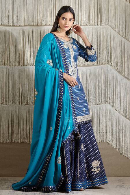 Shyam Narayan Prasad_Blue Chanderi, Georgette Floral, Gota Work Round Embroidered Kurta Lehenga Set _Online_at_Aza_Fashions