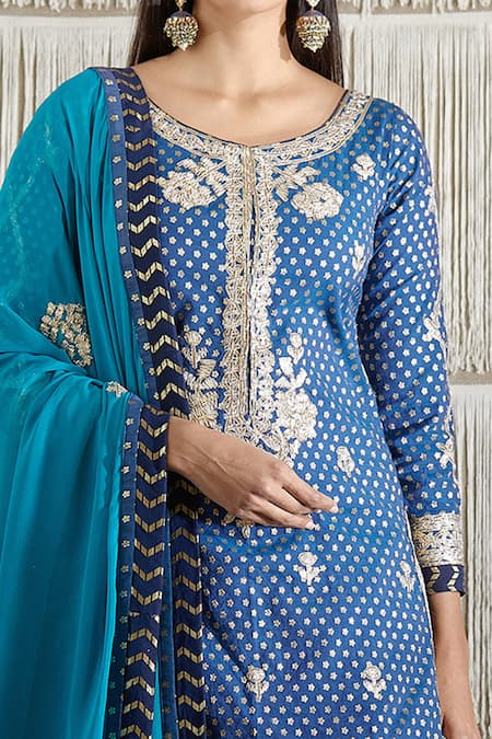 Shop_Shyam Narayan Prasad_Blue Chanderi, Georgette Floral, Gota Work Round Embroidered Kurta Lehenga Set _Online_at_Aza_Fashions