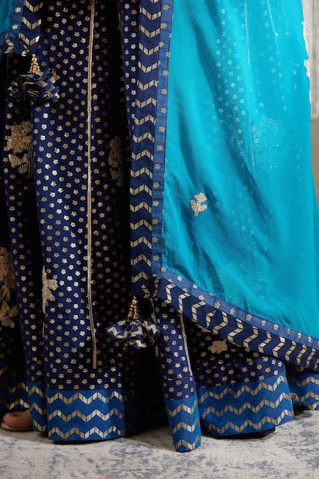 Shyam Narayan Prasad_Blue Chanderi, Georgette Floral, Gota Work Round Embroidered Kurta Lehenga Set _at_Aza_Fashions