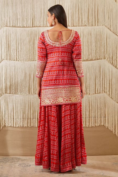 Shop Shyam Narayan Prasad Red Net, Modal Satin Floral, Zardozi Round Print Kurta Sharara Set at Aza Fashions Shop_Shyam Narayan Prasad_Red Net, Modal Satin Floral, Zardozi Round Print Kurta Sharara Set _at_Aza_Fashions