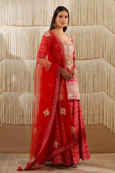 Shyam Narayan Prasad Red Net, Modal Satin Floral, Zardozi Round Print Kurta Sharara Set Online at Aza Fashions Shyam Narayan Prasad_Red Net, Modal Satin Floral, Zardozi Round Print Kurta Sharara Set _Online_at_Aza_Fashions