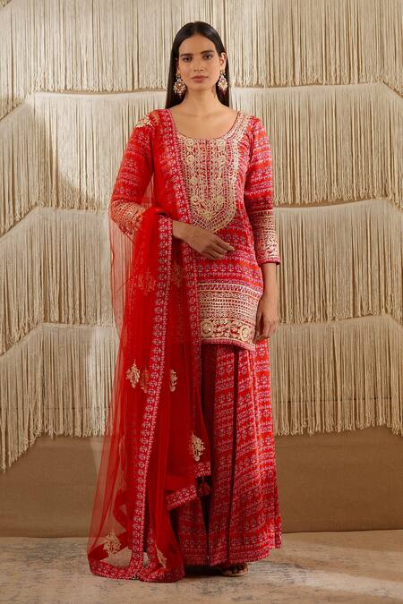 Buy Shyam Narayan Prasad Red Net, Modal Satin Floral, Zardozi Round Print Kurta Sharara Set Online at Aza Fashions Buy_Shyam Narayan Prasad_Red Net, Modal Satin Floral, Zardozi Round Print Kurta Sharara Set _Online_at_Aza_Fashions