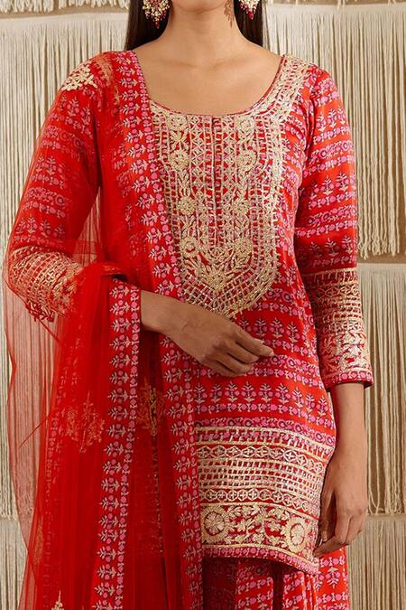 Shop Shyam Narayan Prasad Red Net, Modal Satin Floral, Zardozi Round Print Kurta Sharara Set Online at Aza Fashions Shop_Shyam Narayan Prasad_Red Net, Modal Satin Floral, Zardozi Round Print Kurta Sharara Set _Online_at_Aza_Fashions