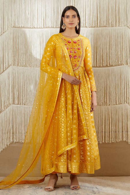 Yellow Brocade Banarasi Handloom Suit Set with Hand-embroidered Dupatt -  Tilfi