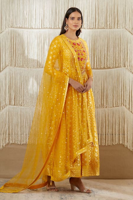 Shyam Narayan Prasad_Yellow Net, Georgette, Chanderi Brocade, Rayon Twill Floral, Anarkali Set _Online_at_Aza_Fashions