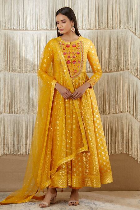 Buy_Shyam Narayan Prasad_Yellow Net, Georgette, Chanderi Brocade, Rayon Twill Floral, Anarkali Set _Online_at_Aza_Fashions