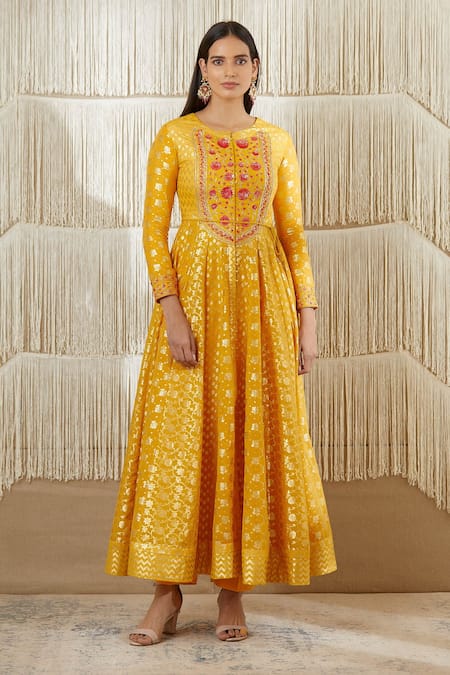 Shop_Shyam Narayan Prasad_Yellow Net, Georgette, Chanderi Brocade, Rayon Twill Floral, Anarkali Set _Online_at_Aza_Fashions