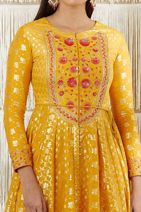 Shyam Narayan Prasad_Yellow Net, Georgette, Chanderi Brocade, Rayon Twill Floral, Anarkali Set _at_Aza_Fashions