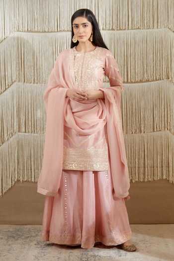Buy_Shyam Narayan Prasad_Pink Organza, Chanderi Floral, Gota Work Round Embroidered Kurta Sharara Set _Online_at_Aza_Fashions