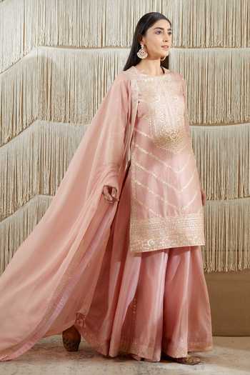 Shyam Narayan Prasad_Pink Organza, Chanderi Floral, Gota Work Round Embroidered Kurta Sharara Set _Online_at_Aza_Fashions