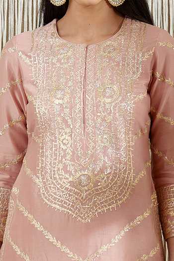 Shop_Shyam Narayan Prasad_Pink Organza, Chanderi Floral, Gota Work Round Embroidered Kurta Sharara Set _Online_at_Aza_Fashions