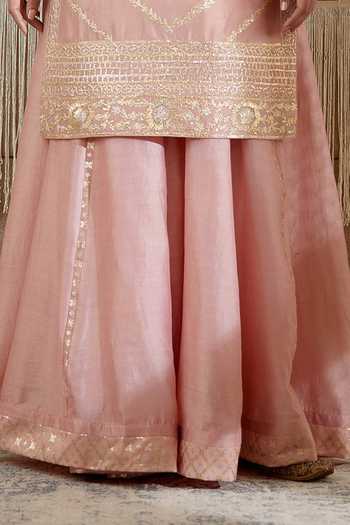 Shyam Narayan Prasad_Pink Organza, Chanderi Floral, Gota Work Round Embroidered Kurta Sharara Set _at_Aza_Fashions