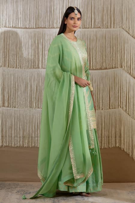 Shyam Narayan Prasad_Green Organza, Chanderi Floral, Gota Work Round Embroidered Kurta Sharara Set _Online_at_Aza_Fashions