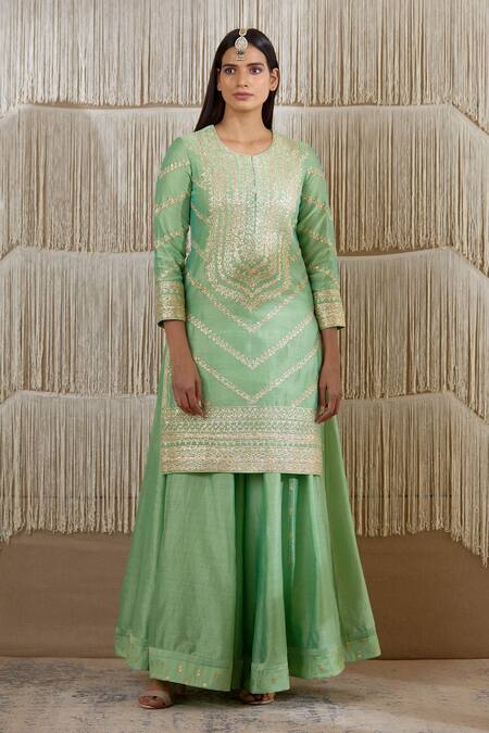 Buy_Shyam Narayan Prasad_Green Organza, Chanderi Floral, Gota Work Round Embroidered Kurta Sharara Set _Online_at_Aza_Fashions