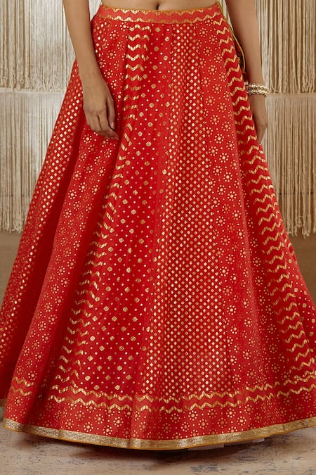 Shyam Narayan Prasad_Red Silk, Net, Chanderi Brocade Floral, Zardozi Work Leaf Neck Lehenga Set _at_Aza_Fashions