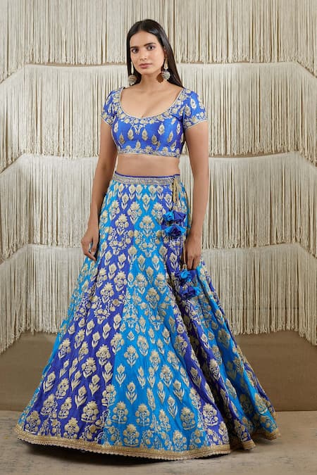 Shyam Narayan Prasad_Blue Raw Silk, Net Dori Work, Floral Scoop Neck Embroidered Lehenga Set _Online_at_Aza_Fashions