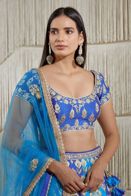 Shop_Shyam Narayan Prasad_Blue Raw Silk, Net Dori Work, Floral Scoop Neck Embroidered Lehenga Set _Online_at_Aza_Fashions