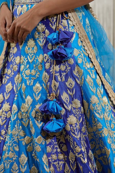 Shyam Narayan Prasad_Blue Raw Silk, Net Dori Work, Floral Scoop Neck Embroidered Lehenga Set _at_Aza_Fashions