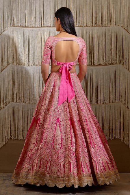 Shop Shyam Narayan Prasad Pink Raw Silk, Net Floral Leaf Neck Embroidered Bridal Lehenga Set at Aza Fashions Shop_Shyam Narayan Prasad_Pink Raw Silk, Net Floral Leaf Neck Embroidered Bridal Lehenga Set _at_Aza_Fashions