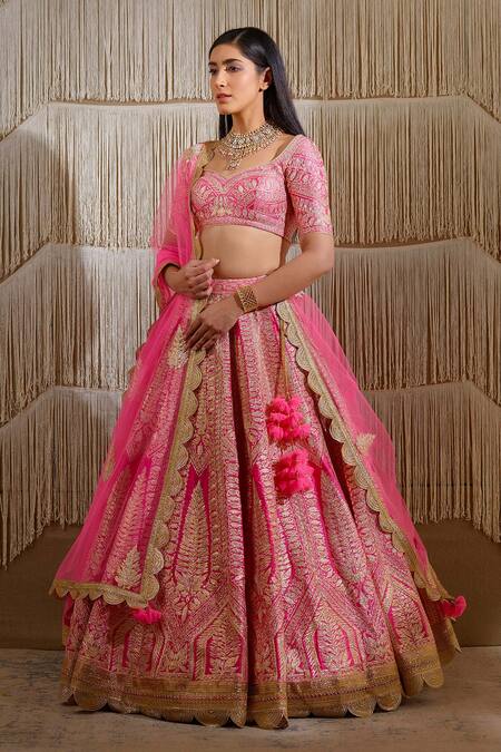 Buy Shyam Narayan Prasad Pink Raw Silk, Net Floral Leaf Neck Embroidered Bridal Lehenga Set Online at Aza Fashions Buy_Shyam Narayan Prasad_Pink Raw Silk, Net Floral Leaf Neck Embroidered Bridal Lehenga Set _Online_at_Aza_Fashions