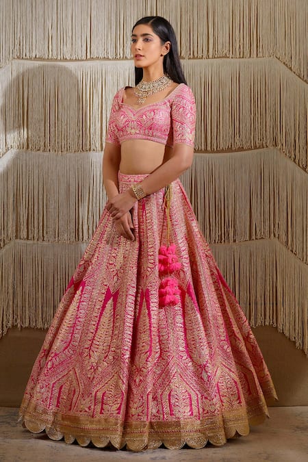 Shop Shyam Narayan Prasad Pink Raw Silk, Net Floral Leaf Neck Embroidered Bridal Lehenga Set Online at Aza Fashions Shop_Shyam Narayan Prasad_Pink Raw Silk, Net Floral Leaf Neck Embroidered Bridal Lehenga Set _Online_at_Aza_Fashions