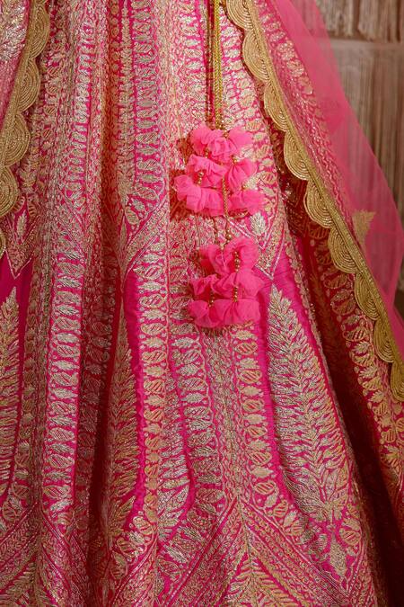 Shyam Narayan Prasad Pink Raw Silk, Net Floral Leaf Neck Embroidered Bridal Lehenga Set at Aza Fashions Shyam Narayan Prasad_Pink Raw Silk, Net Floral Leaf Neck Embroidered Bridal Lehenga Set _at_Aza_Fashions