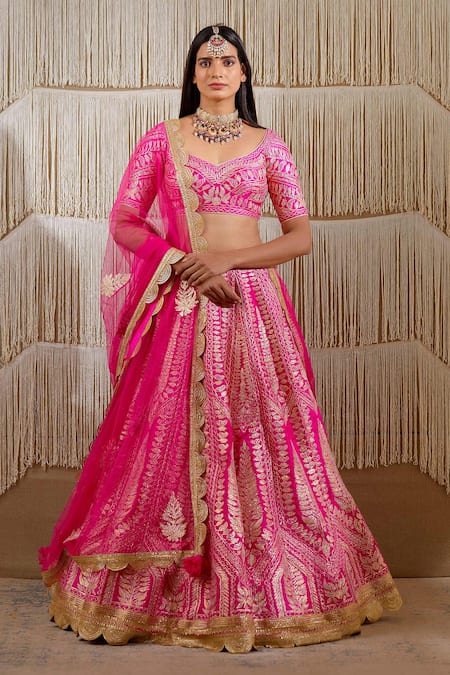 Shyam Narayan Prasad Pink Raw Silk, Net Floral, Gota Work Leaf Neck Embroidered Bridal Lehenga Set 
