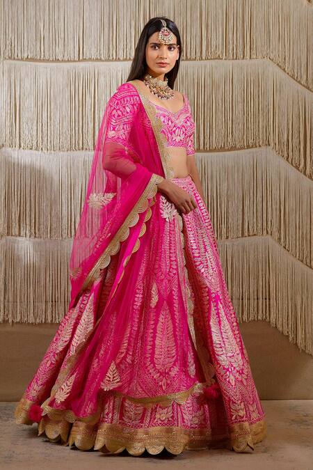 Shyam Narayan Prasad_Pink Raw Silk, Net Floral, Gota Work Leaf Neck Embroidered Bridal Lehenga Set _Online_at_Aza_Fashions
