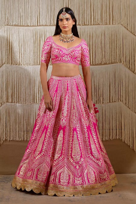 Buy_Shyam Narayan Prasad_Pink Raw Silk, Net Floral, Gota Work Leaf Neck Embroidered Bridal Lehenga Set _Online_at_Aza_Fashions