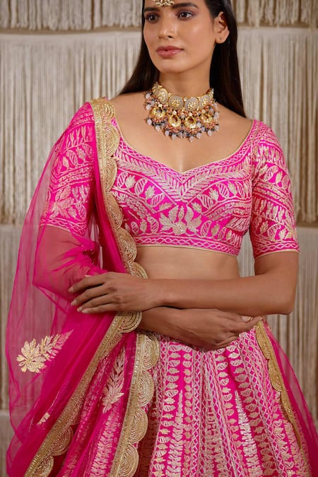 Shop_Shyam Narayan Prasad_Pink Raw Silk, Net Floral, Gota Work Leaf Neck Embroidered Bridal Lehenga Set _Online_at_Aza_Fashions