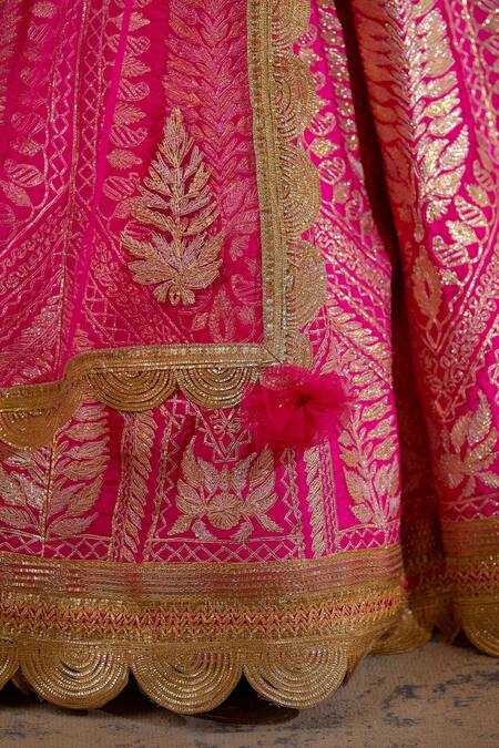 Shyam Narayan Prasad_Pink Raw Silk, Net Floral, Gota Work Leaf Neck Embroidered Bridal Lehenga Set _at_Aza_Fashions