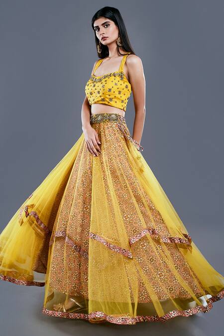 Divya Kanakia_Yellow Net And Raw Silk Beads & Thread, Patola Print, Sequin Square Lehenga Set _Online_at_Aza_Fashions