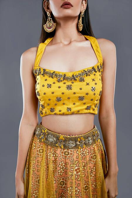 Buy_Divya Kanakia_Yellow Net And Raw Silk Beads & Thread, Patola Print, Sequin Square Lehenga Set _Online_at_Aza_Fashions