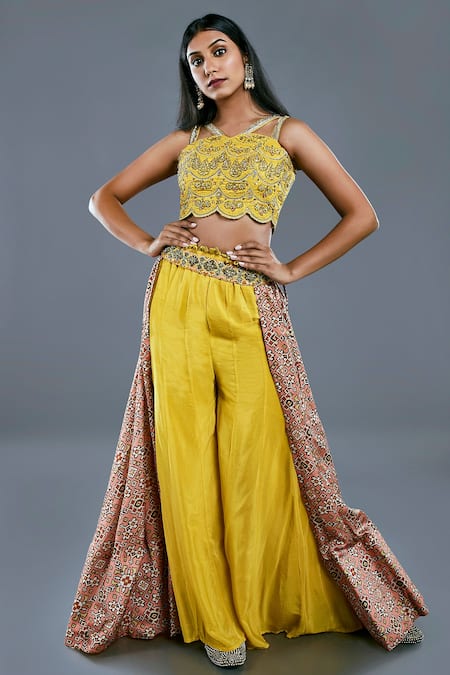 Divya Kanakia Yellow Crepe And Raw Silk Beads & Thread, Patola Embroidered Blouse & Palazzo Set