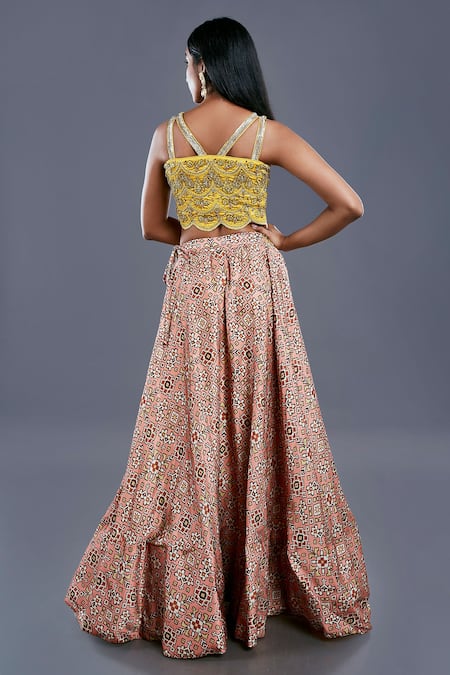 Shop Divya Kanakia Yellow Crepe And Raw Silk Beads & Thread, Patola Embroidered Blouse & Palazzo Set at Aza Fashions Shop_Divya Kanakia_Yellow Crepe And Raw Silk Beads & Thread, Patola Embroidered Blouse & Palazzo Set _at_Aza_Fashions