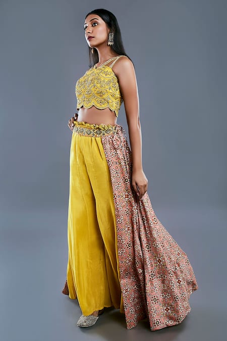 Divya Kanakia Yellow Crepe And Raw Silk Beads & Thread, Patola Embroidered Blouse & Palazzo Set Online at Aza Fashions Divya Kanakia_Yellow Crepe And Raw Silk Beads & Thread, Patola Embroidered Blouse & Palazzo Set _Online_at_Aza_Fashions