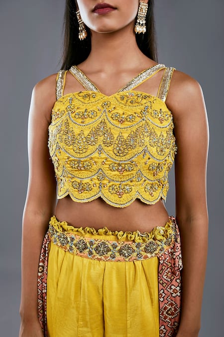 Buy Divya Kanakia Yellow Crepe And Raw Silk Beads & Thread, Patola Embroidered Blouse & Palazzo Set Online at Aza Fashions Buy_Divya Kanakia_Yellow Crepe And Raw Silk Beads & Thread, Patola Embroidered Blouse & Palazzo Set _Online_at_Aza_Fashions