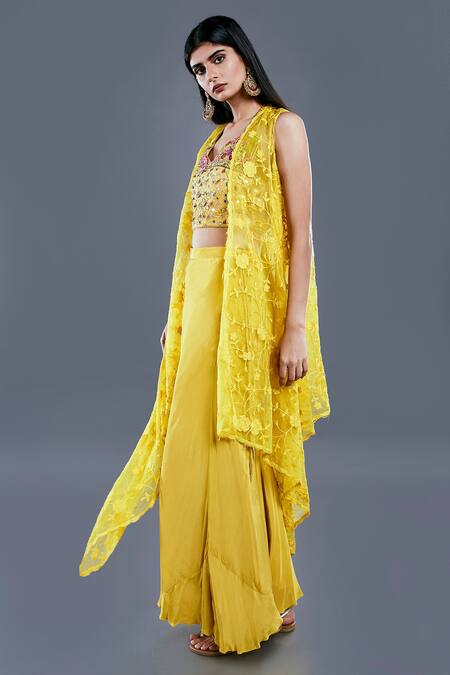 Divya Kanakia_Yellow Crepe, Organza And Raw Silk Beads & Thread, Embroidered Cape & Palazzo Set _Online_at_Aza_Fashions
