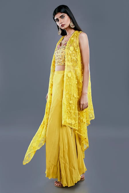 Buy_Divya Kanakia_Yellow Crepe, Organza And Raw Silk Beads & Thread, Embroidered Cape & Palazzo Set _Online_at_Aza_Fashions