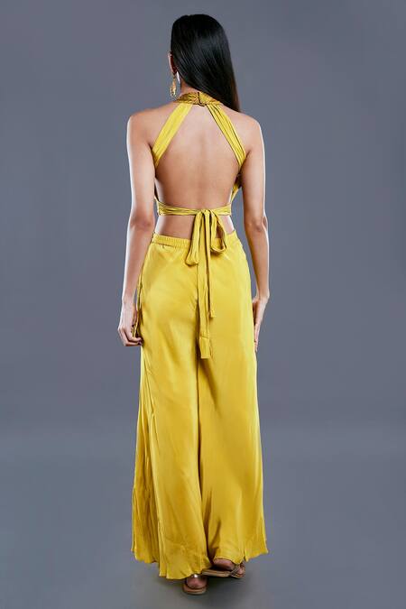 Shop_Divya Kanakia_Yellow Crepe, Organza And Raw Silk Beads & Thread, Embroidered Cape & Palazzo Set _Online_at_Aza_Fashions
