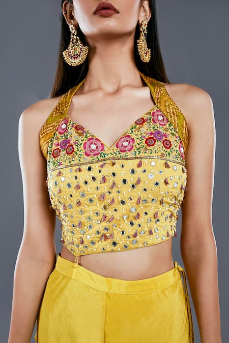 Divya Kanakia_Yellow Crepe, Organza And Raw Silk Beads & Thread, Embroidered Cape & Palazzo Set _at_Aza_Fashions