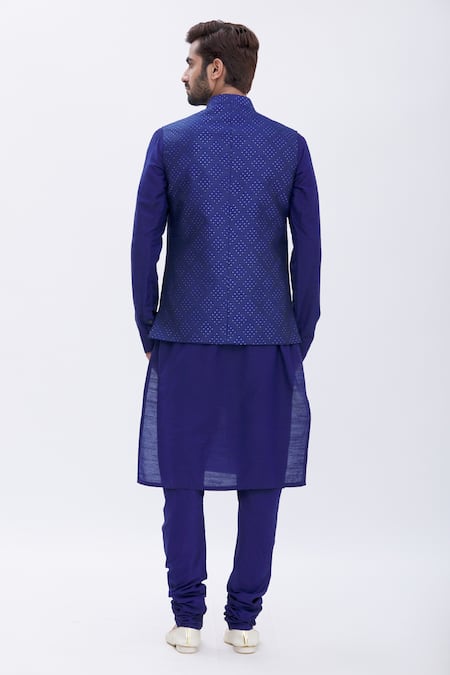 Shop Manish Nagdeo Blue Bundi Brocade, Kurta And Churidar Cotton Silk Geometric & Set at Aza Fashions Shop_Manish Nagdeo_Blue Bundi Brocade, Kurta And Churidar Cotton Silk Geometric & Set _at_Aza_Fashions