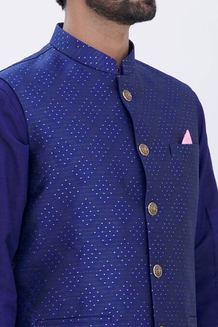 Shop Manish Nagdeo Blue Bundi Brocade, Kurta And Churidar Cotton Silk Geometric & Set Online at Aza Fashions Shop_Manish Nagdeo_Blue Bundi Brocade, Kurta And Churidar Cotton Silk Geometric & Set _Online_at_Aza_Fashions