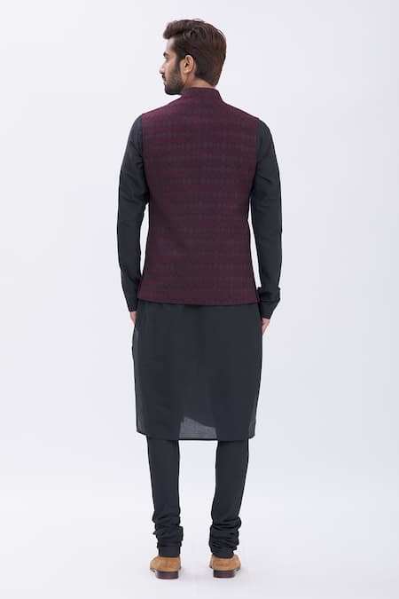 Shop Manish Nagdeo Maroon Bundi , Kurta And Churidar Silk Geometric & Set at Aza Fashions Shop_Manish Nagdeo_Maroon Bundi , Kurta And Churidar Silk Geometric & Set _at_Aza_Fashions