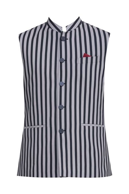 Buy_Manish Nagdeo_Grey Bundi Cotton Geometric Striped And Kurta Set _Online_at_Aza_Fashions
