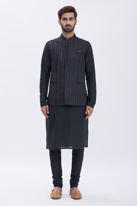 Manish Nagdeo_Black Bundi Art , Kurta And Churidar Cotton Thread Embroidered & Set _Online_at_Aza_Fashions