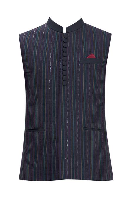 Buy_Manish Nagdeo_Black Bundi Art , Kurta And Churidar Cotton Thread Embroidered & Set _Online_at_Aza_Fashions