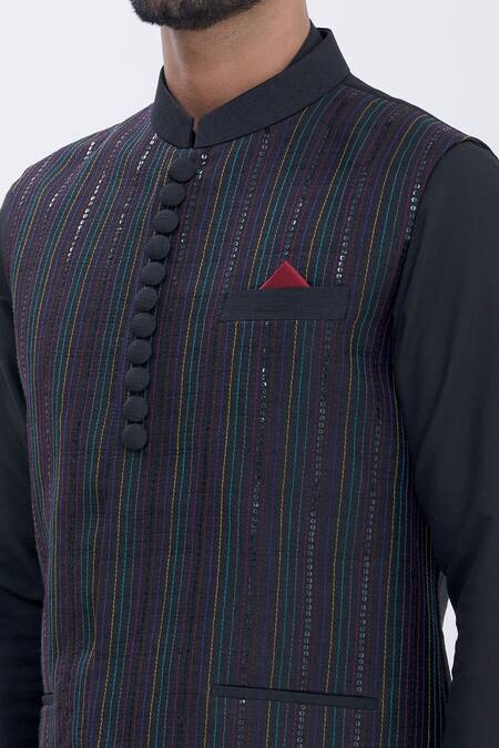 Manish Nagdeo_Black Bundi Art , Kurta And Churidar Cotton Thread Embroidered & Set _at_Aza_Fashions