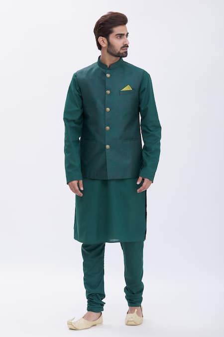 Buy Manish Nagdeo Green Bundi Jacquard, Kurta And Churidar Cotton Silk Floral Embossed & Set Online at Aza Fashions Buy_Manish Nagdeo_Green Bundi Jacquard, Kurta And Churidar Cotton Silk Floral Embossed & Set _Online_at_Aza_Fashions